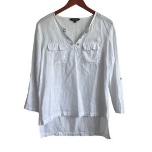 Ellen Tracy Women‎ Linen Tunic Top S White Long Sleeve Split Neck Coastal Resort